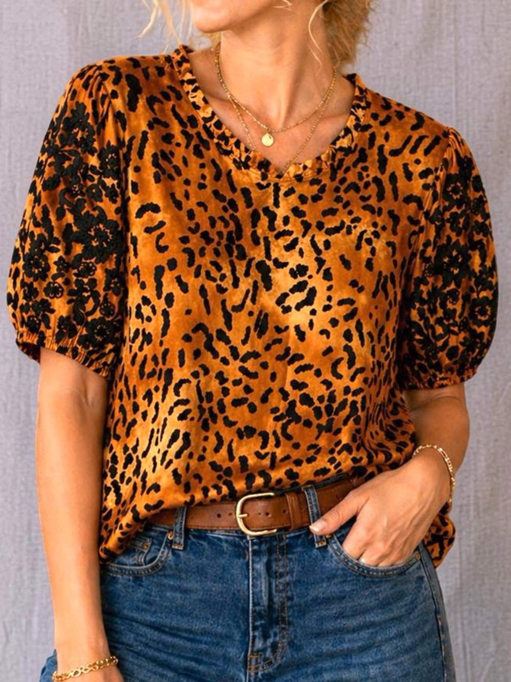 Savanna Jane Leopard Print Blouse Embroidered Puff Sleeves Size L